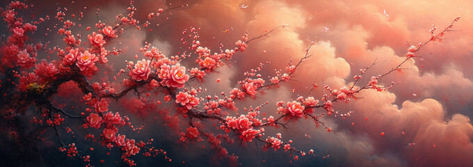 a Chinese New Year banner with with glass chinese clouds, red lanterns and cherry blossoms. AI generative - obrazy, fototapety, plakaty