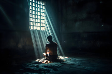 a man sitting in a jail cell with a light beaming out  - obrazy, fototapety, plakaty