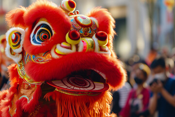 A vibrant Chinese New Year festival scene showcasing a majestic dragon statue amidst traditional decorations, with elements of Asian culture including masks, colorful art, and religious symbols, highl