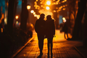 couple walking on the street at night 