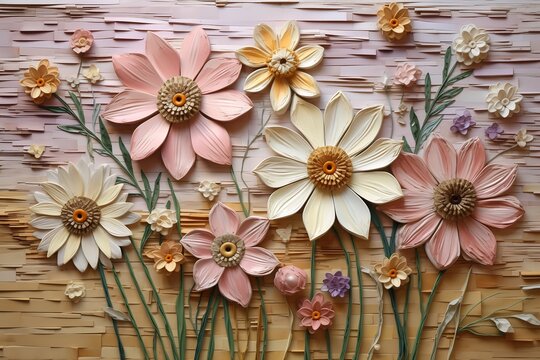 flowers arranged birch panel background paper quilling pale pink grass intricately buildings collections origami baked beans bamboo weathered pages colored layers