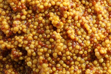 Whole grain mustard as background, top view