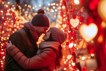 Smiling couple shares a kiss in a festive winter park at night, surrounded by the warmth of Christmas lights, capturing the joy of family and holiday happiness