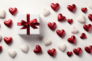 White Gift box and festive red and white hearts on white background. Gift concept for Valentine Day, Wedding or Birthday, flat lay. 