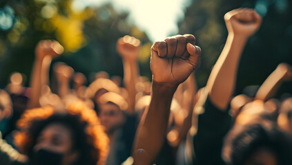 people in front of a crowd holding their fists up