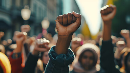 people in front of a crowd holding their fists up - obrazy, fototapety, plakaty