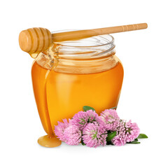 Honey in glass jar, dipper and clover flowers isolated on white