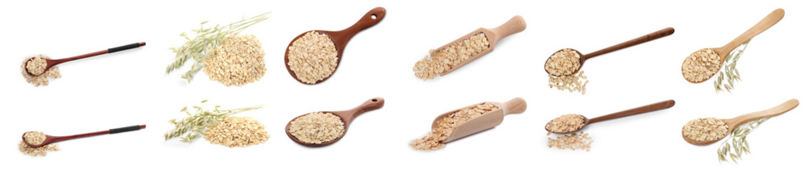 Rolled oats isolated on white, top and side views