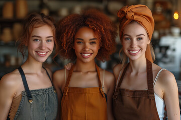 Independent and hardworking women, a feminist and interracial team of young entrepreneurs in a restaurant and bar business