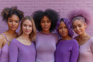 Group of women on Women's Day, dressed in purple, a strong and independent young interracial team