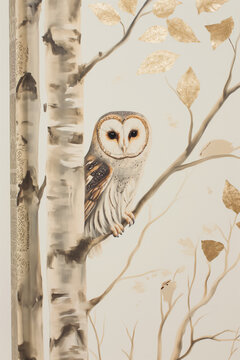 painted owl in the tree, plain background