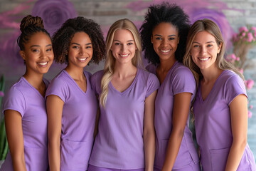 Independent and hardworking women, a team of interracial nurses and caregivers with cheerful smiles - obrazy, fototapety, plakaty