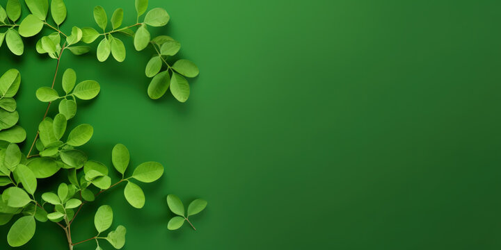 Fresh moringa leaves on green background. Top view with copy space