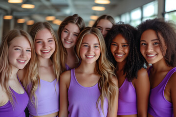 Fototapeta premium Group of women on Women's Day, dressed in purple, young teenagers gathered to fight for equality in an interracial feminist group