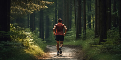 A man jogging on a trail in a forest