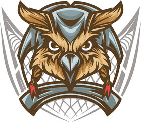 Coat of arms with wings, Logo featuring an owl head donning a helmet.