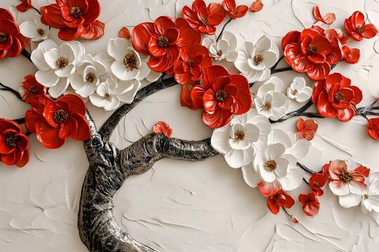tree red white flowers clay sculpture tilework princess background metal rust plaster materials crafts more blood