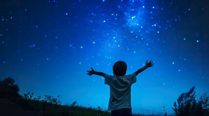 Child observes the stars and constellations in the night sky, beautiful and aspirational. natural background.