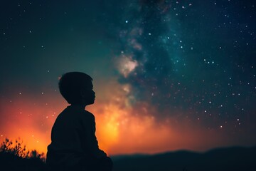 Fototapeta na wymiar Child marvels at the beautiful starry sky on a star-viewing night