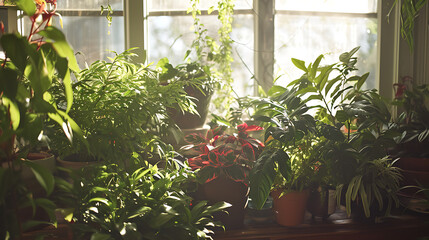 A luz do sol se filtra pela janela lançando um brilho suave e quente sobre uma coleção de exuberantes plantas de casa