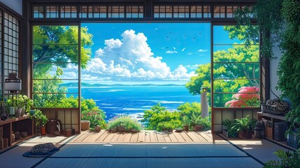 beautiful anime japan background view in window with japan room, ocean blue view outside window