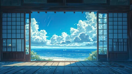 beautiful anime japan background view in window with japan room, ocean blue view outside window - obrazy, fototapety, plakaty