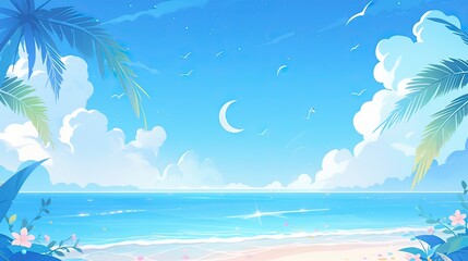 Fototapeta na wymiar illustration of a beach, sea and beach Beautiful beach vector background with blue color of ocean generative AI