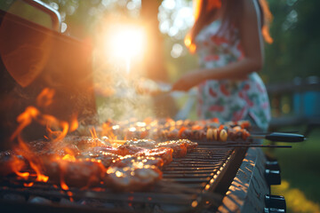 people barbecuing food on a grill in a backyard  - obrazy, fototapety, plakaty