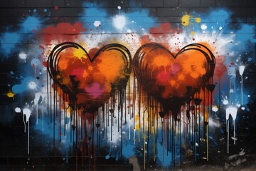 graffiti art with two large hearts intertwined, backdrop splattered spectrum of colors, passion and vibrancy of street art, dripping paint adds a sense of motion and raw emotion to this urban piece, - obrazy, fototapety, plakaty