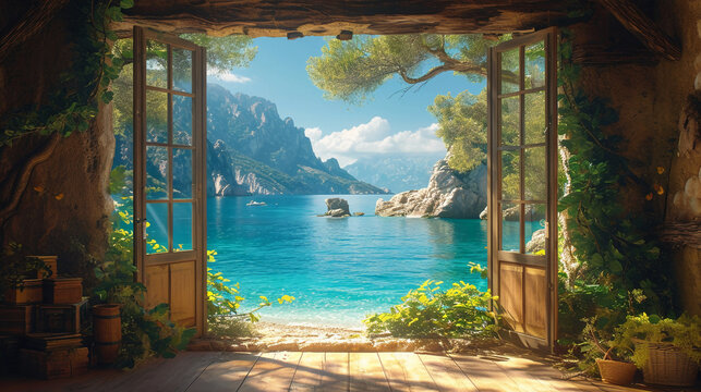 Fototapeta beautiful window we can see sea. AI generative