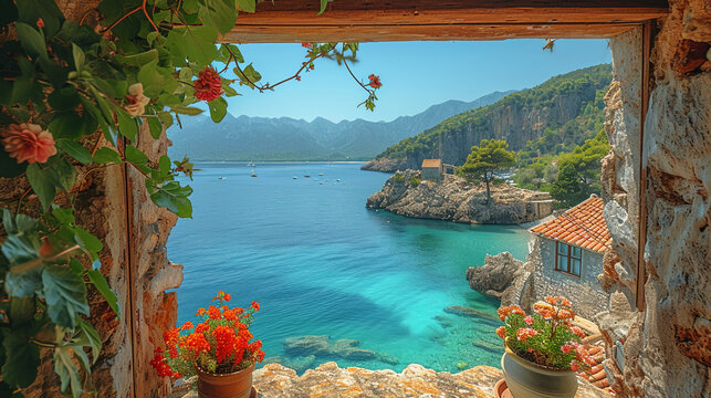 Fototapeta beautiful window we can see sea. AI generative