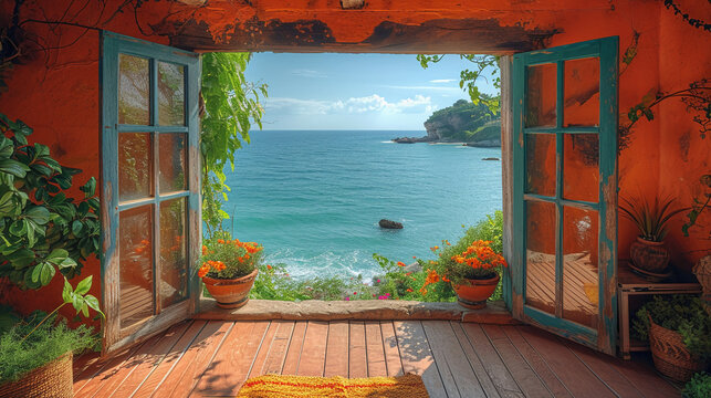 Fototapeta beautiful window we can see sea. AI generative