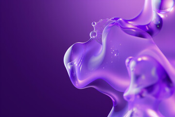 An abstract and fluid purple shape with a glossy surface and bubbles against a purple background