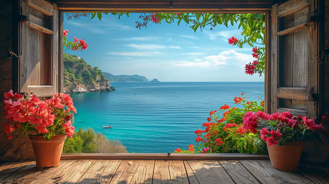Fototapeta beautiful window we can see sea. AI generative