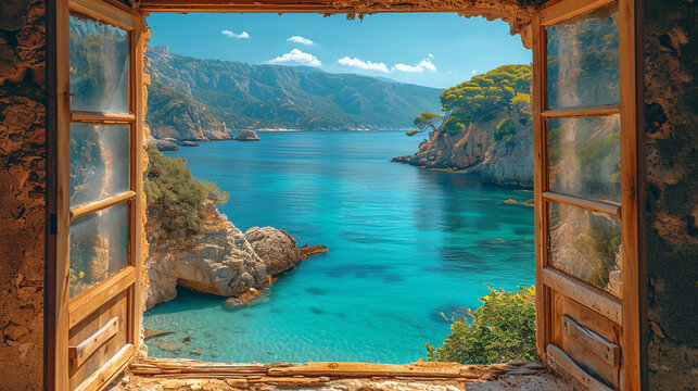 Fototapeta beautiful window we can see sea. AI generative
