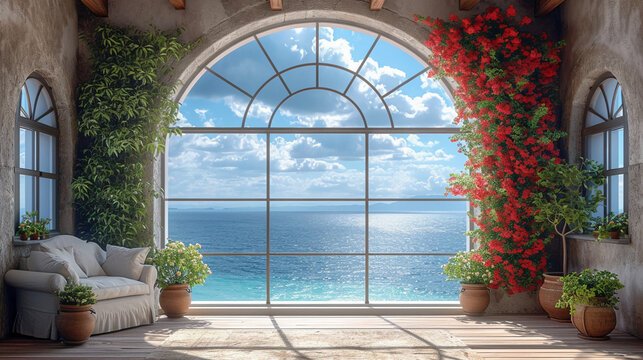 Fototapeta beautiful window we can see sea. AI generative