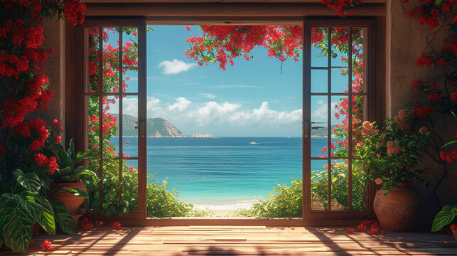 Fototapeta beautiful window we can see sea. AI generative