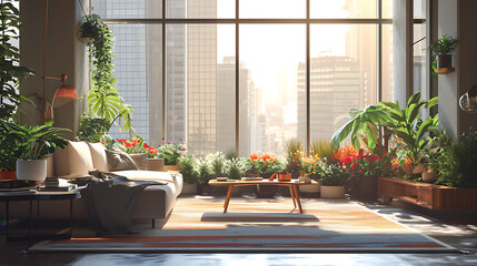 Raios de sol atravessam janelas do chão ao teto lançando um brilho cálido sobre o moderno apartamento urbano - obrazy, fototapety, plakaty