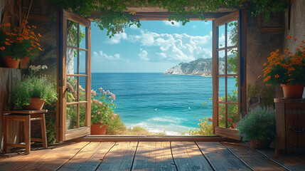 beautiful window we can see sea. AI generative