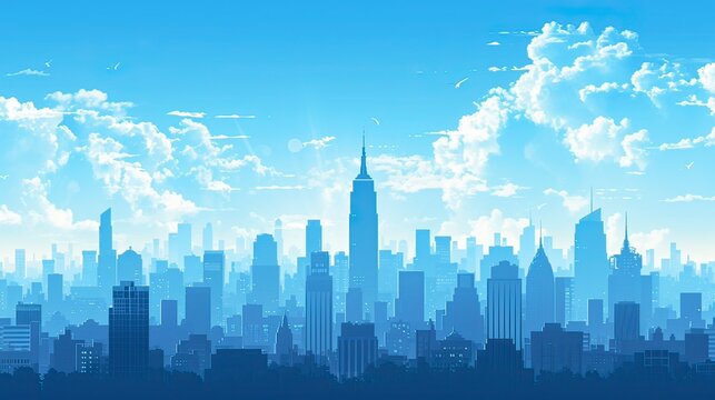city skyline in the sky, blue sky and city, City Sky Scrapers with blue and bright skies Vector silhouette  generative AI