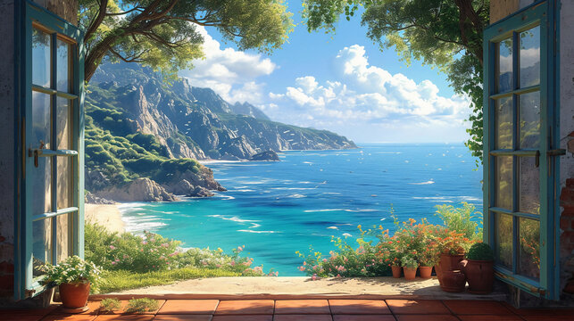 Fototapeta beautiful window we can see sea. AI generative