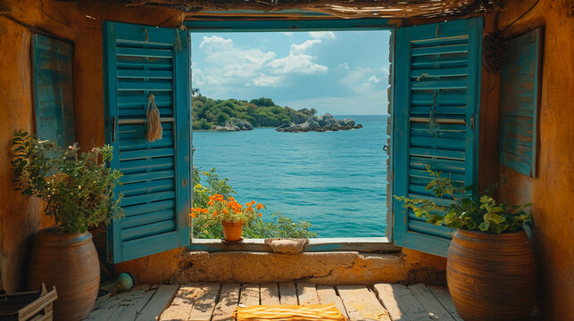 Fototapeta beautiful window we can see sea. AI generative