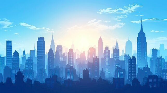 city skyline at sunse, blue sky and city, City Sky Scrapers with blue and bright skies Vector silhouette  generative AI