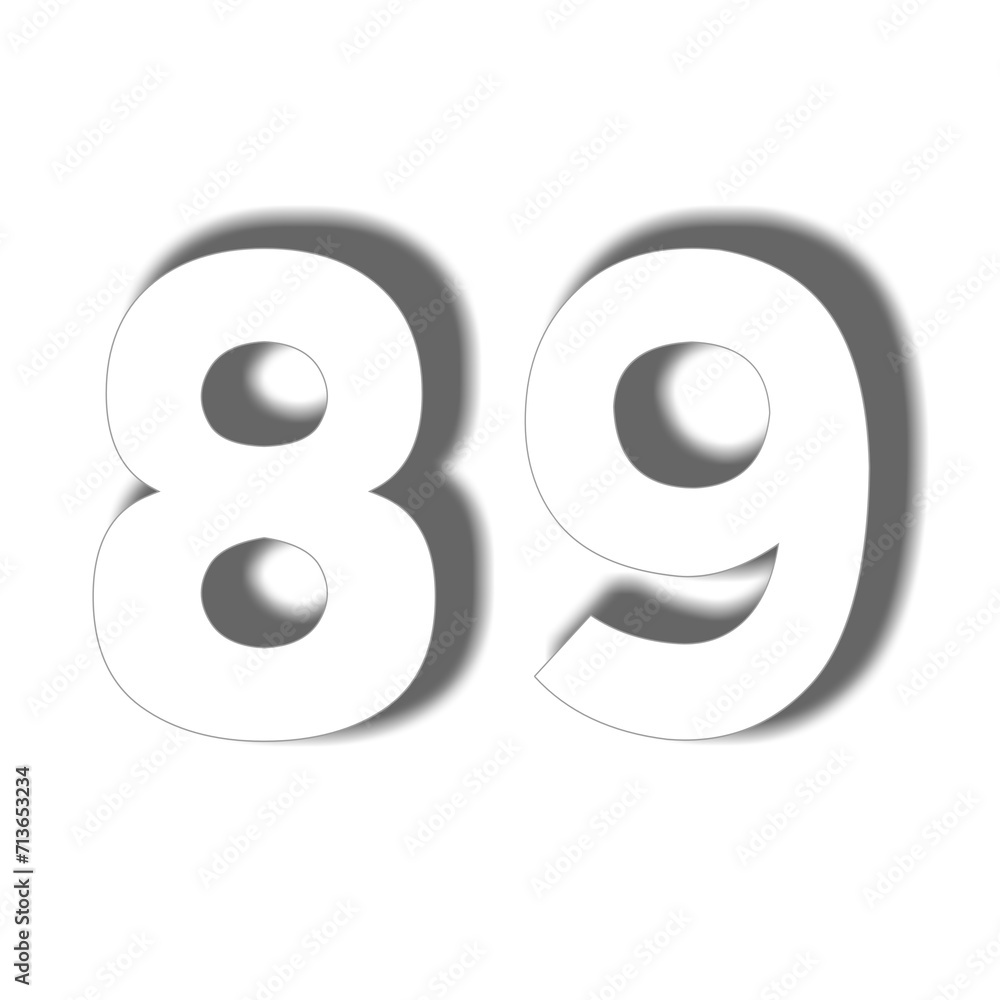 Poster 3d number 89 in white color sign symbol numbers for design elements isolated on transparent backgrou
