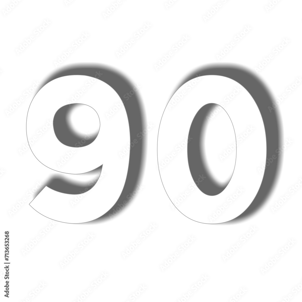 Poster 3d number 90 in white color sign symbol numbers for design elements isolated on transparent backgrou