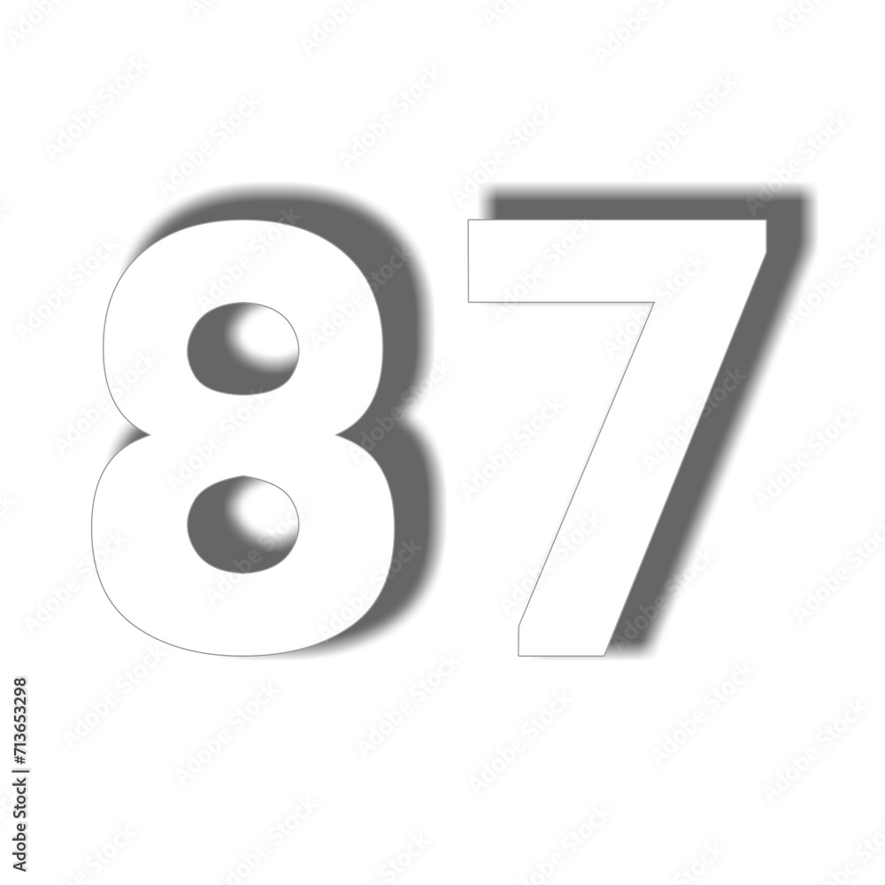 Poster 3d number 87 in white color sign symbol numbers for design elements isolated on transparent backgrou
