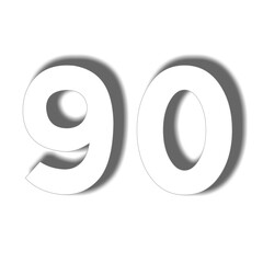 3D number 90 in white color sign symbol numbers for design elements isolated on transparent background