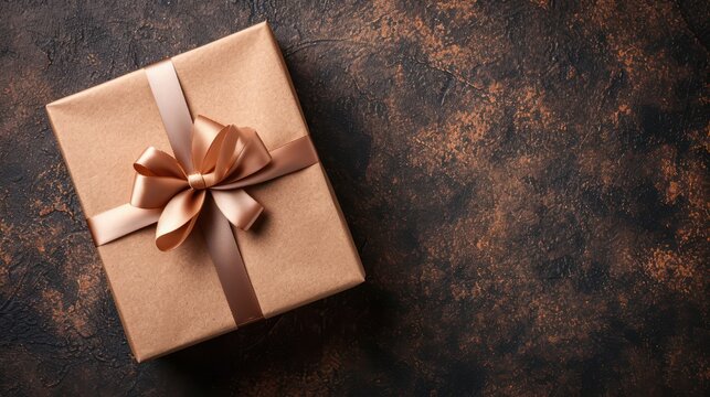 Brown gift box background with space for text, featuring an elegantly wrapped gift box adorned with ribbon decoration

