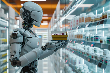 robot as a pharmacist in a pharmacy, holding boxes with tablets, blurred background. Artificial intelect in future life. AI Generated	