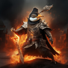 pinguin assasin holding a fire sword with sharp gaze